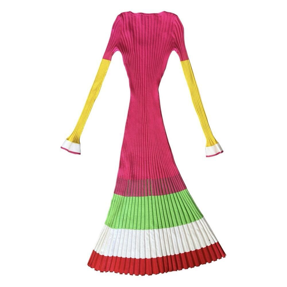 PRABAL GURUNG Striped Ribbed Bodycon Midi Dress In Pink Color Block XS - Picture 8 of 16